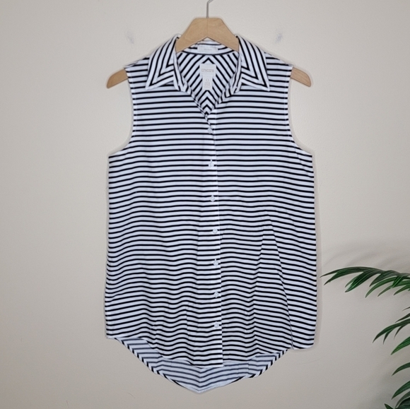 Chico's | Black & White Striped Sleeveless Collared Shirt - Picture 1 of 5